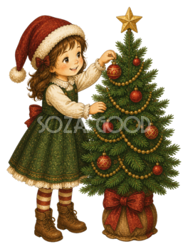 クリスマスツリーを飾る女の子のかわいいイラスト｜無料素材95548