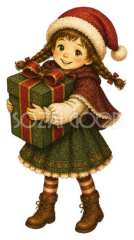 大きなプレゼントを抱える女の子のクリスマスイラスト｜無料素材95549