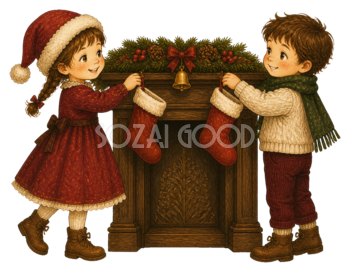 クリスマス靴下を飾るきょうだいのイラスト｜無料素材95550