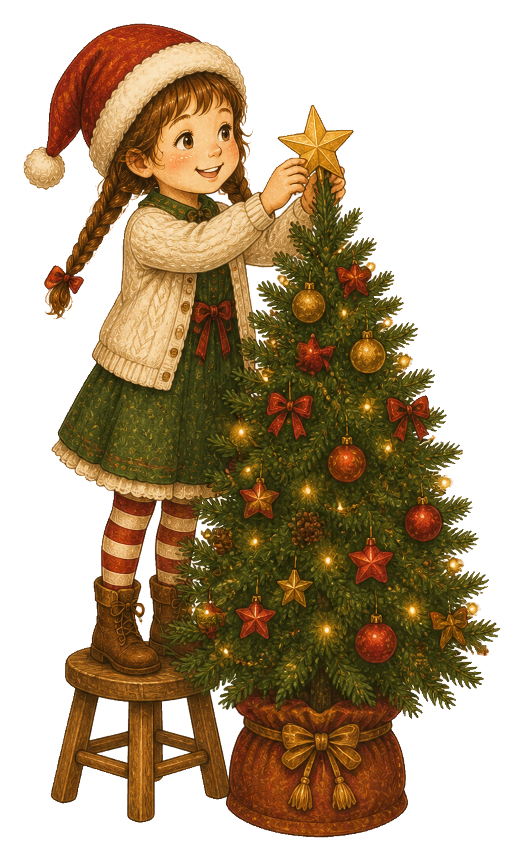 ツリーの星を飾る女の子のクリスマスイラスト｜無料素材95551に写真・文字を入れる
