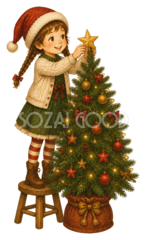 ツリーの星を飾る女の子のクリスマスイラスト｜無料素材95551