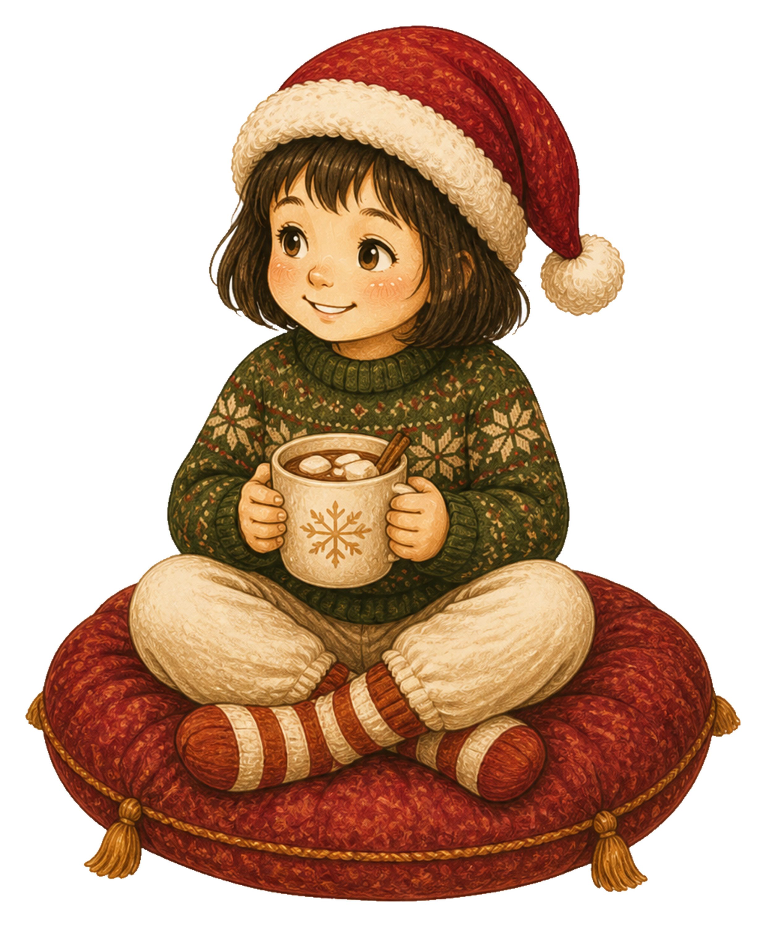 ホットココアを飲む女の子のクリスマスイラスト｜無料素材95553に写真・文字を入れる