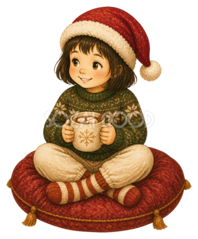 ホットココアを飲む女の子のクリスマスイラスト｜無料素材95553
