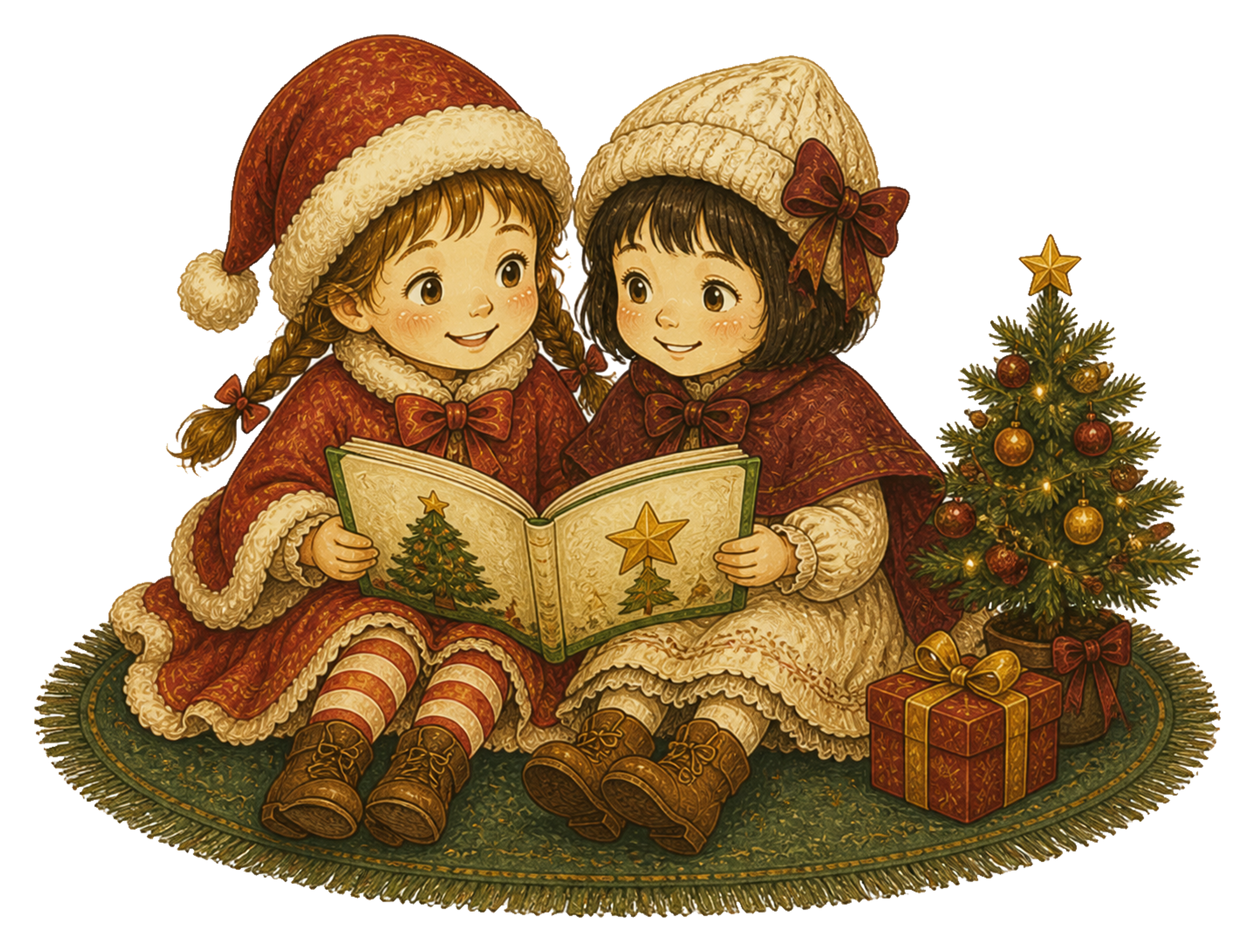 クリスマスの絵本を読む二人の女の子のイラスト｜無料素材95555に写真・文字を入れる