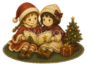 クリスマスの絵本を読む二人の女の子のイラスト｜無料素材95555