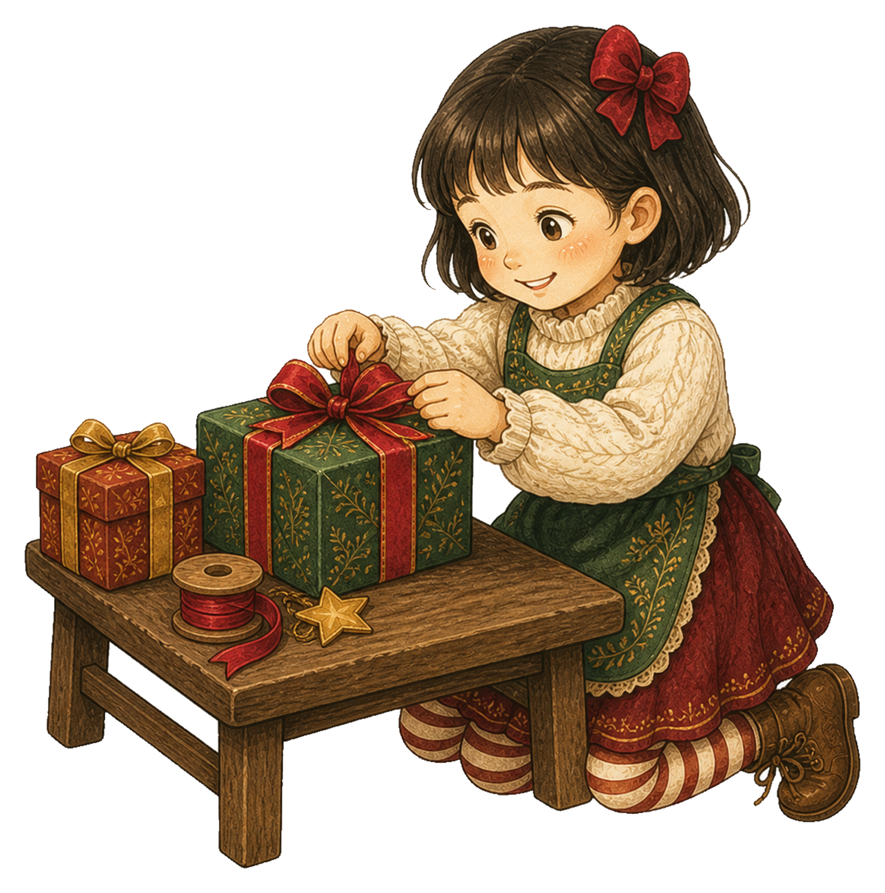 クリスマスプレゼントを包む女の子のイラスト｜無料素材95558に写真・文字を入れる