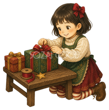 クリスマスプレゼントを包む女の子のイラスト｜無料素材95558