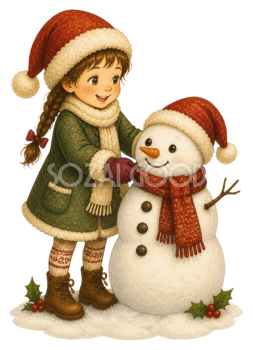 雪だるまを作る女の子のクリスマスイラスト｜無料素材95559