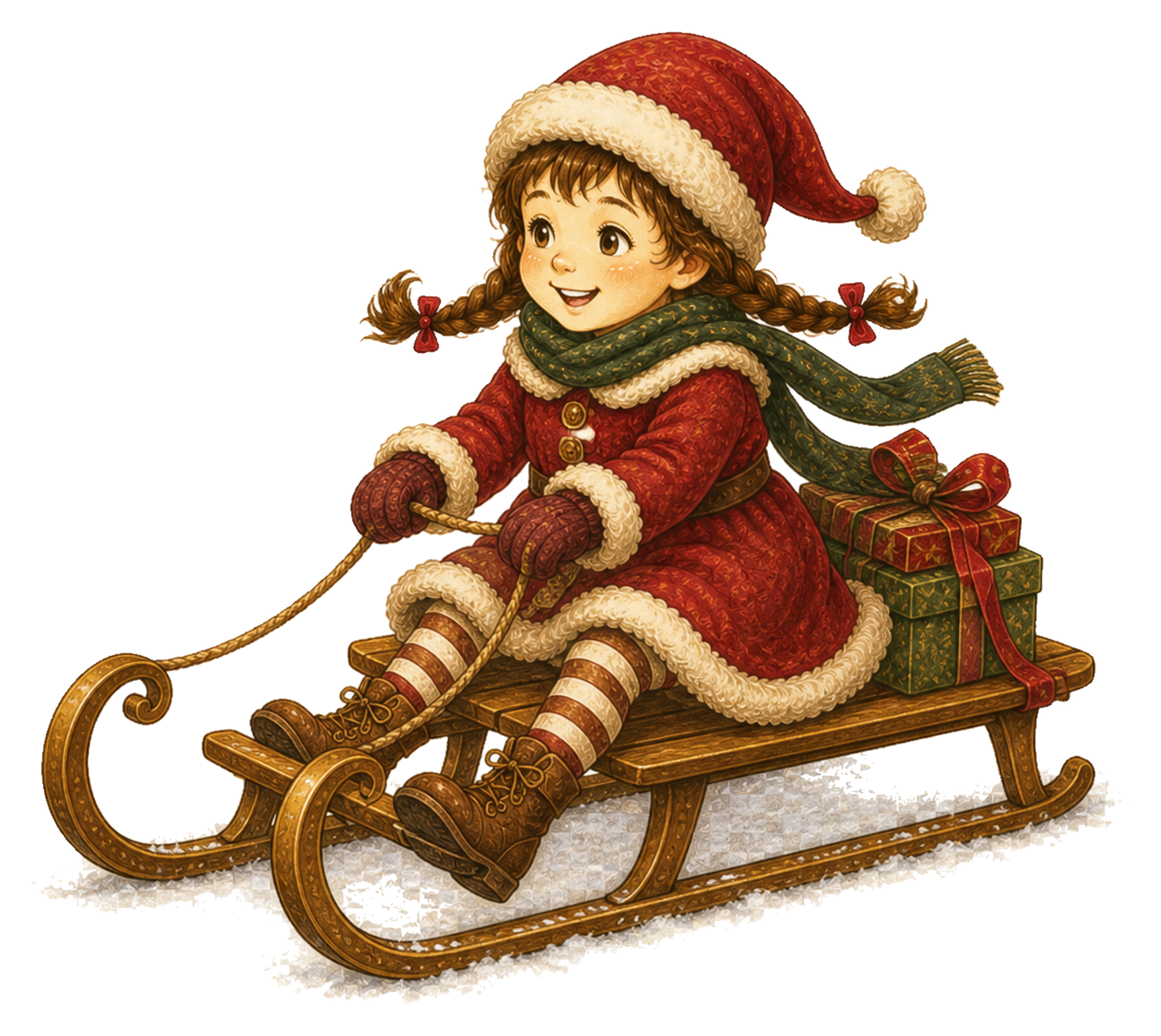 プレゼントを載せたそりに乗る女の子のクリスマスイラスト｜無料素材95560に写真・文字を入れる
