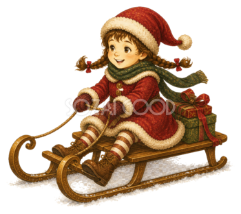 プレゼントを載せたそりに乗る女の子のクリスマスイラスト｜無料素材95560