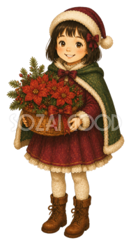 ポインセチアのかごを持つ女の子のクリスマスイラスト｜無料素材95562