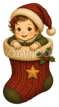 大きなクリスマス靴下に入った女の赤ちゃんのイラスト｜無料素材95564