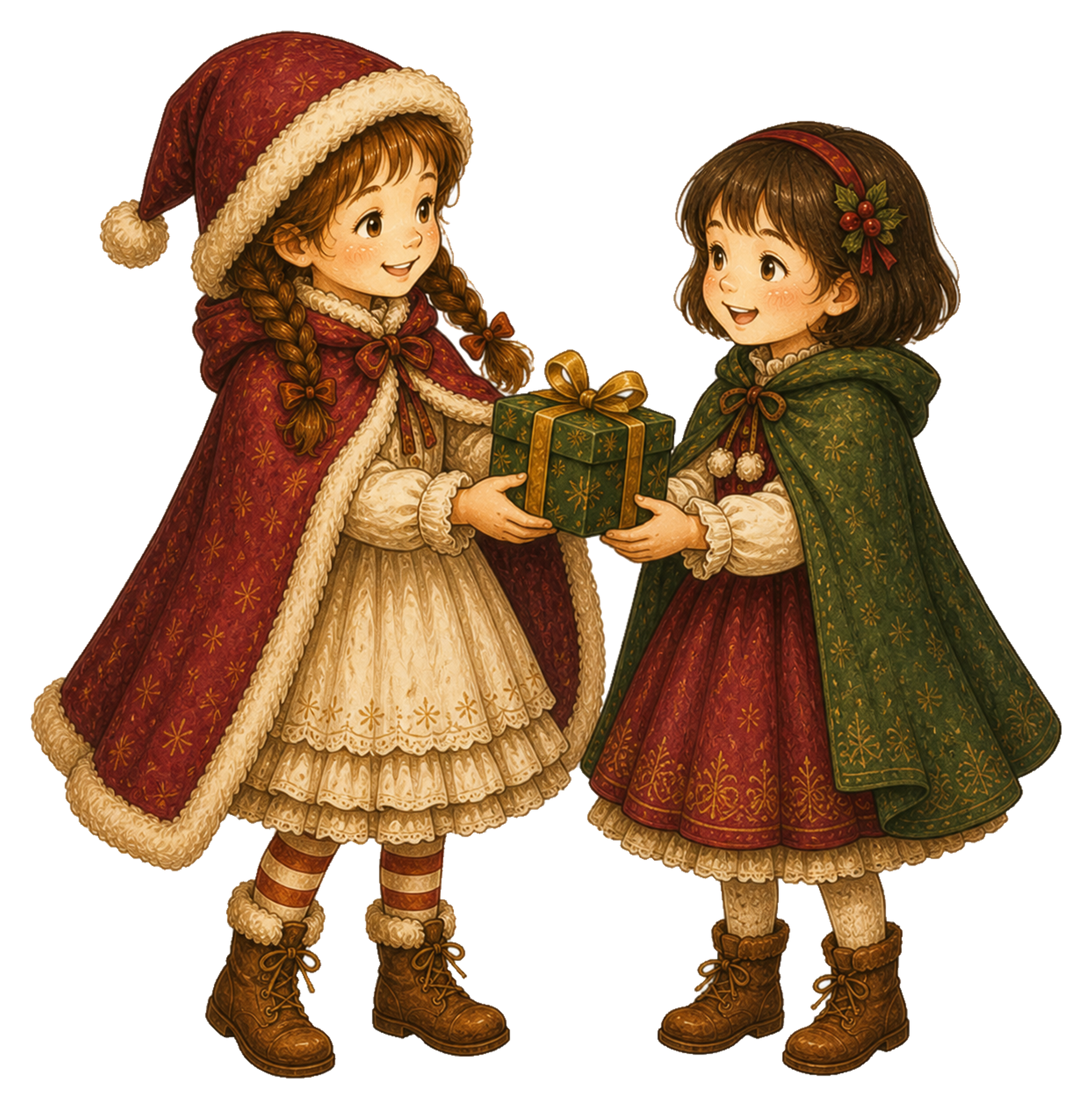 プレゼントを交換する二人の女の子のクリスマスイラスト｜無料素材95565に写真・文字を入れる