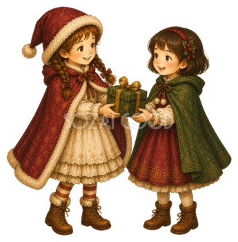 プレゼントを交換する二人の女の子のクリスマスイラスト｜無料素材95565