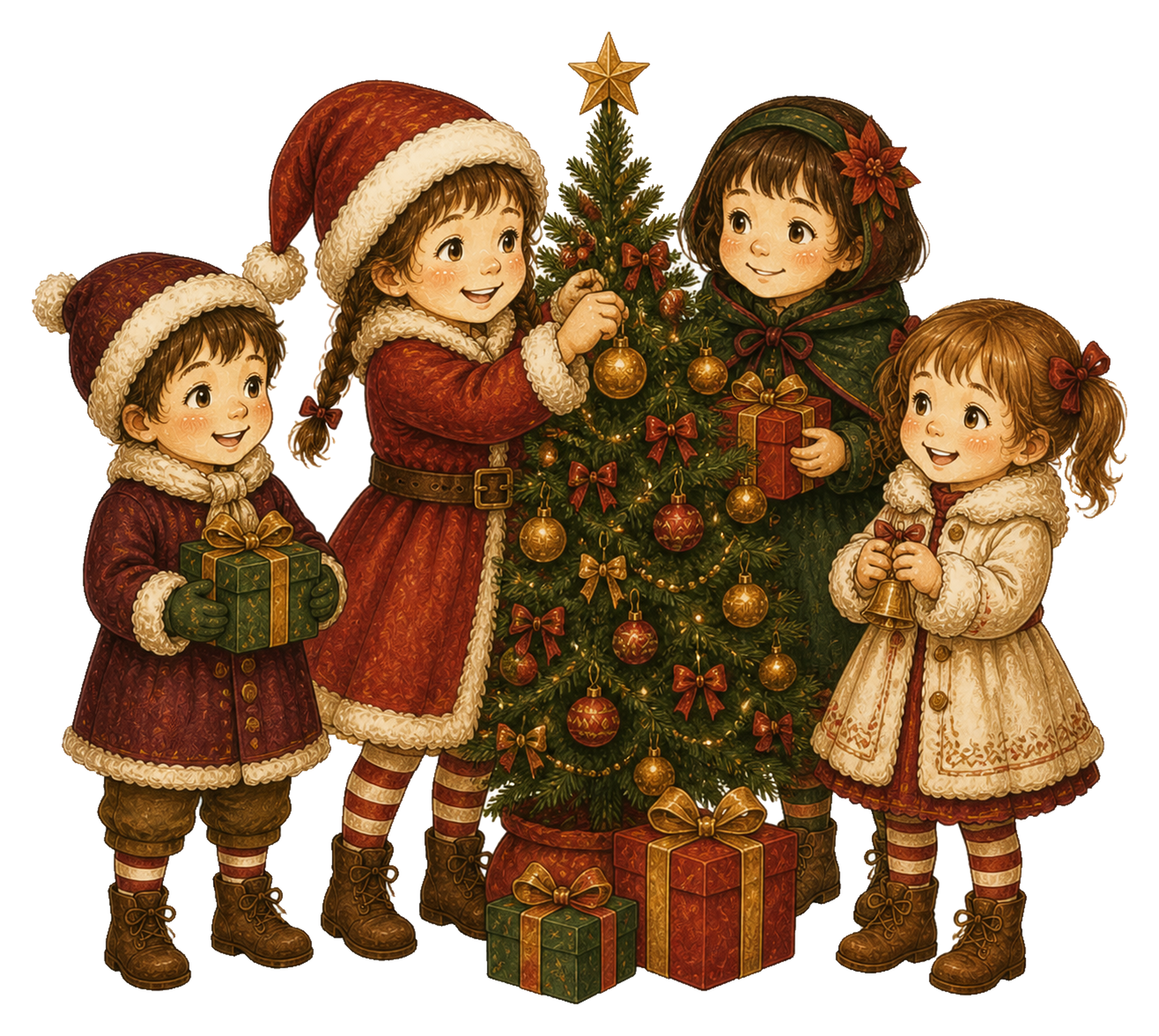 クリスマスツリーを囲む子どもたちのかわいいイラスト｜無料素材95566に写真・文字を入れる