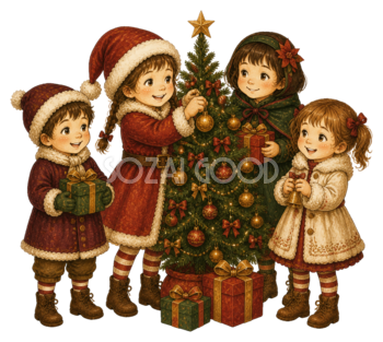 クリスマスツリーを囲む子どもたちのかわいいイラスト｜無料素材95566