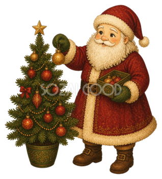 クリスマスツリーを飾るサンタクロースのイラスト｜無料素材95571