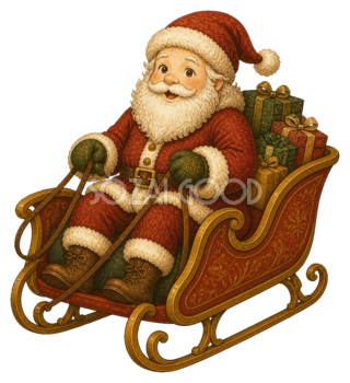 プレゼントのそりに乗るサンタクロースのクリスマスイラスト｜無料素材95572