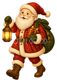 ランタンを持って歩くサンタクロースのクリスマスイラスト｜無料素材95573