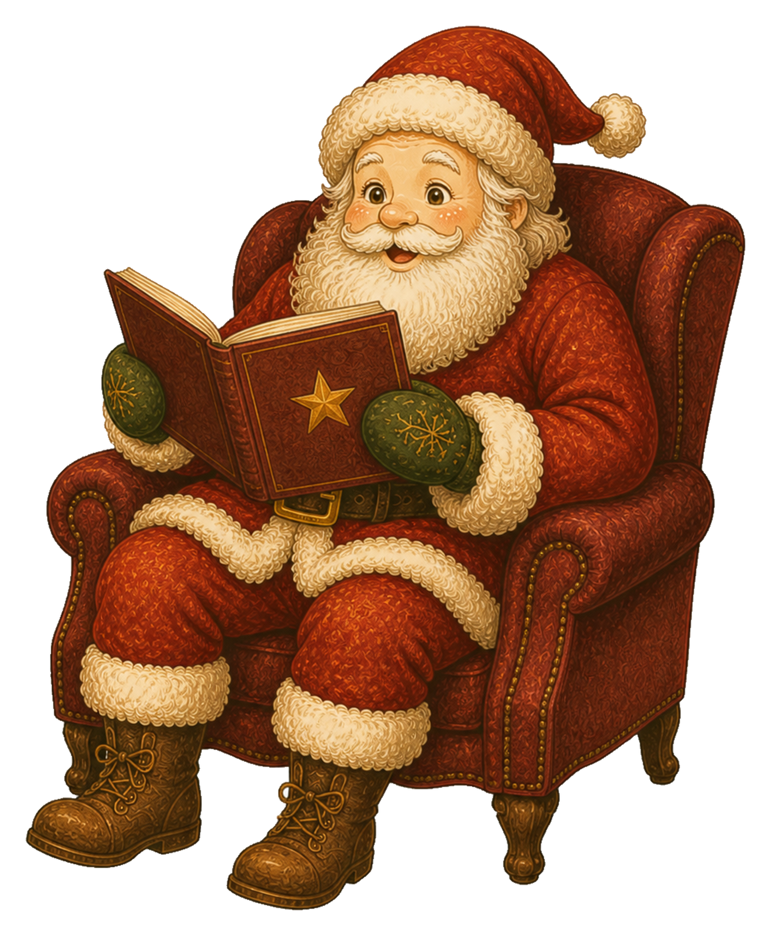 椅子で本を読むサンタクロースのクリスマスイラスト｜無料素材95580に写真・文字を入れる