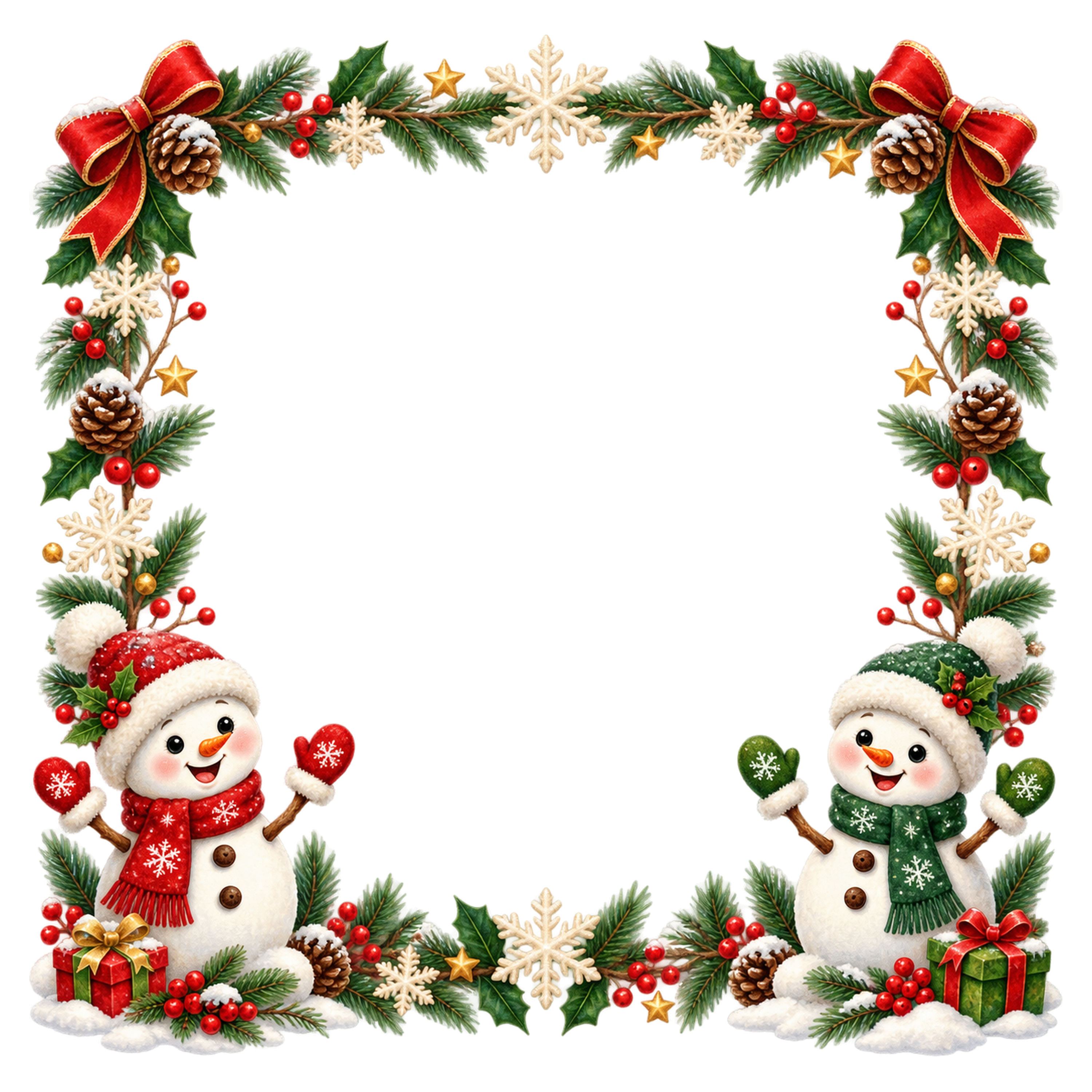 雪だるまと雪の結晶のクリスマスフレームイラスト｜無料素材95620に写真・文字を入れる