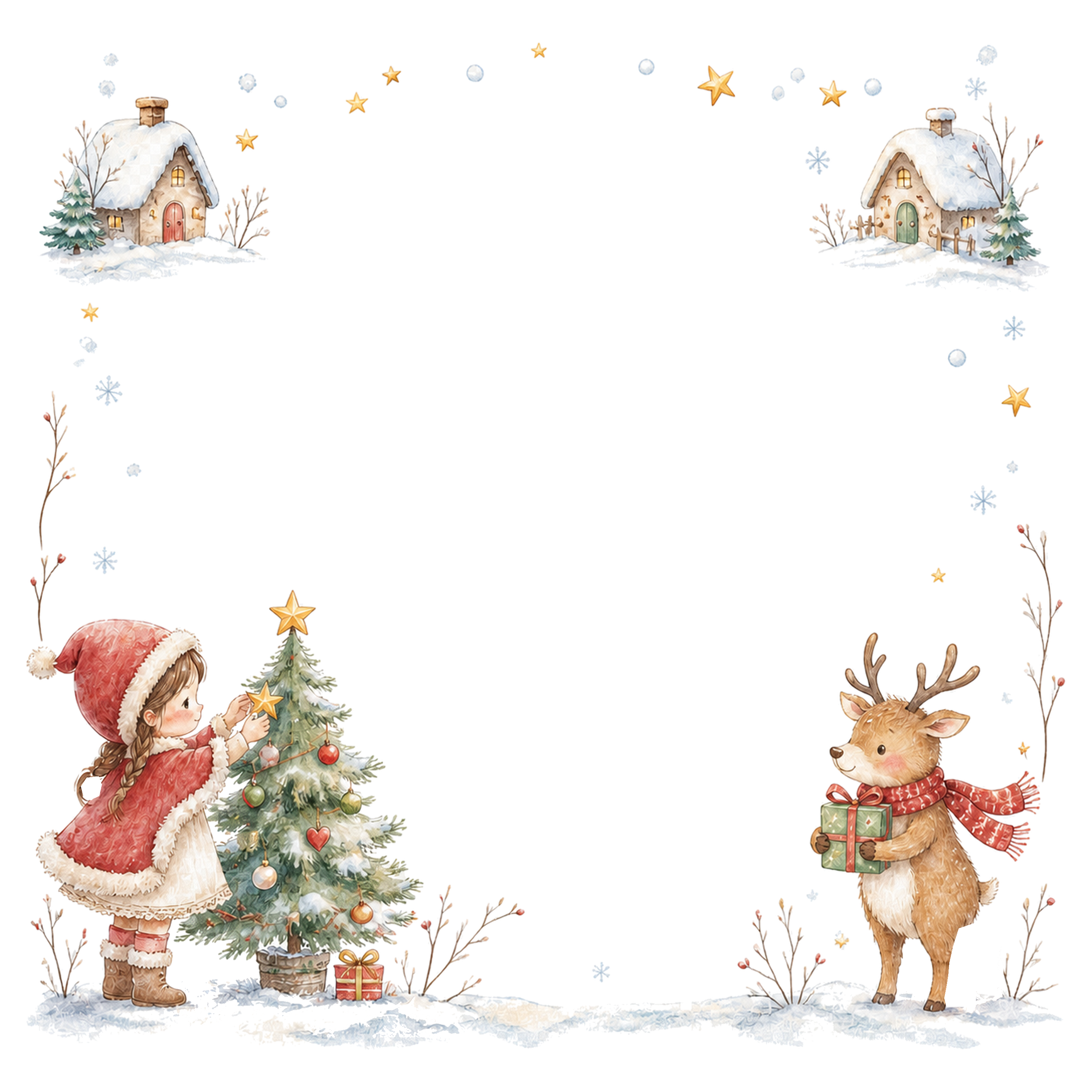 ツリーを飾る女の子とトナカイのクリスマスフレーム｜無料イラスト素材95631に写真・文字を入れる