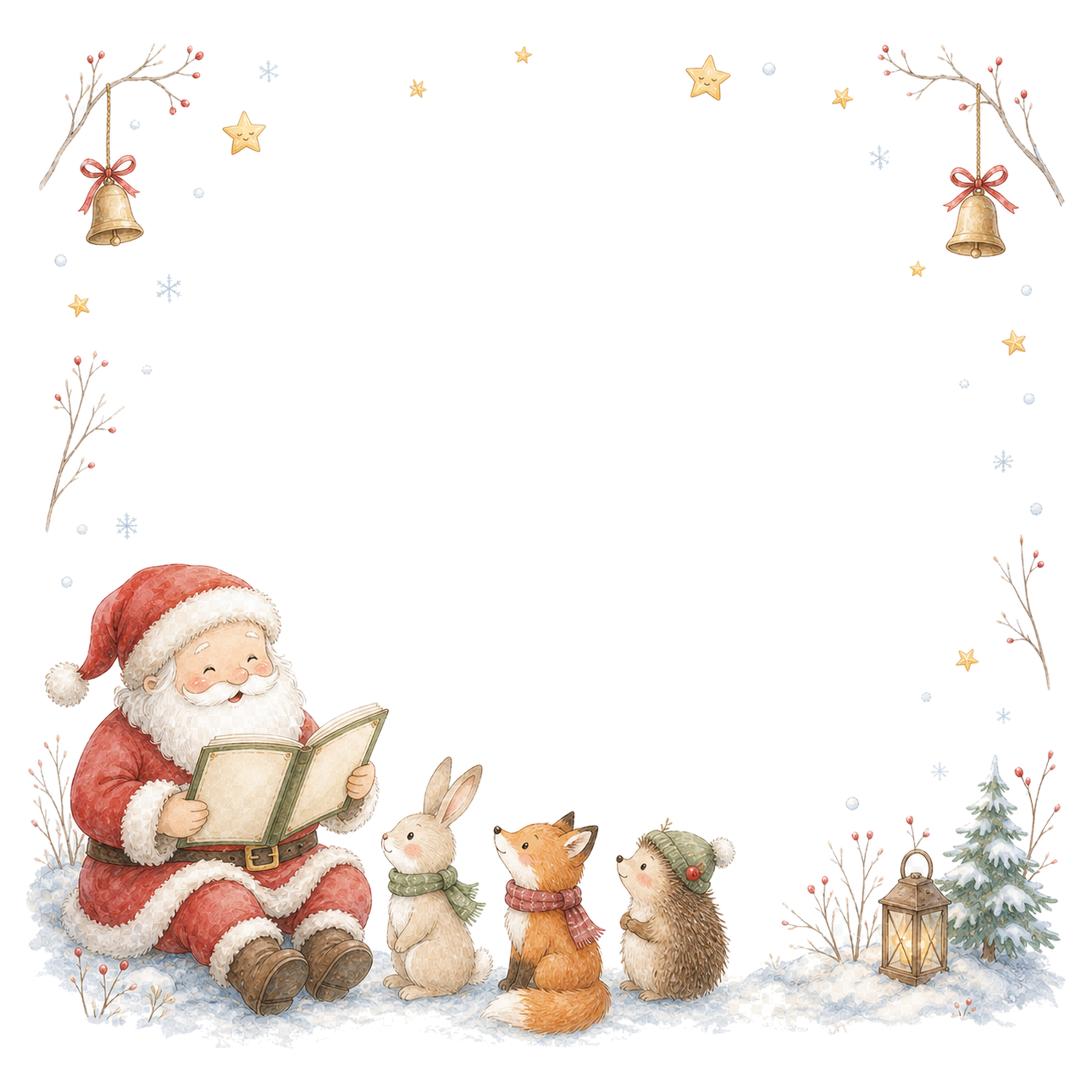 動物に絵本を読むサンタクロースのクリスマスフレーム｜無料イラスト素材95632に写真・文字を入れる