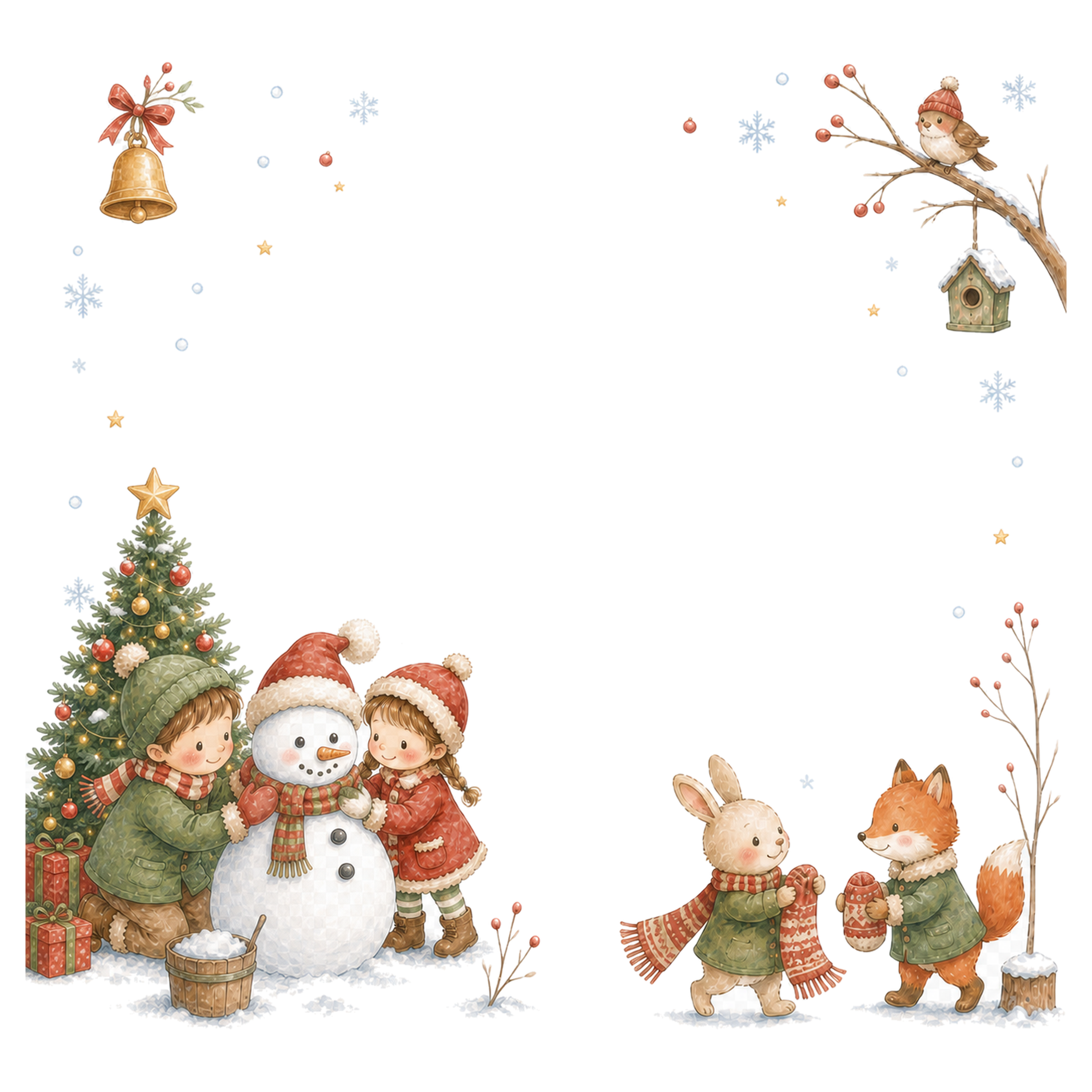子どもと雪だるまのかわいいクリスマスフレーム｜無料イラスト素材95633に写真・文字を入れる