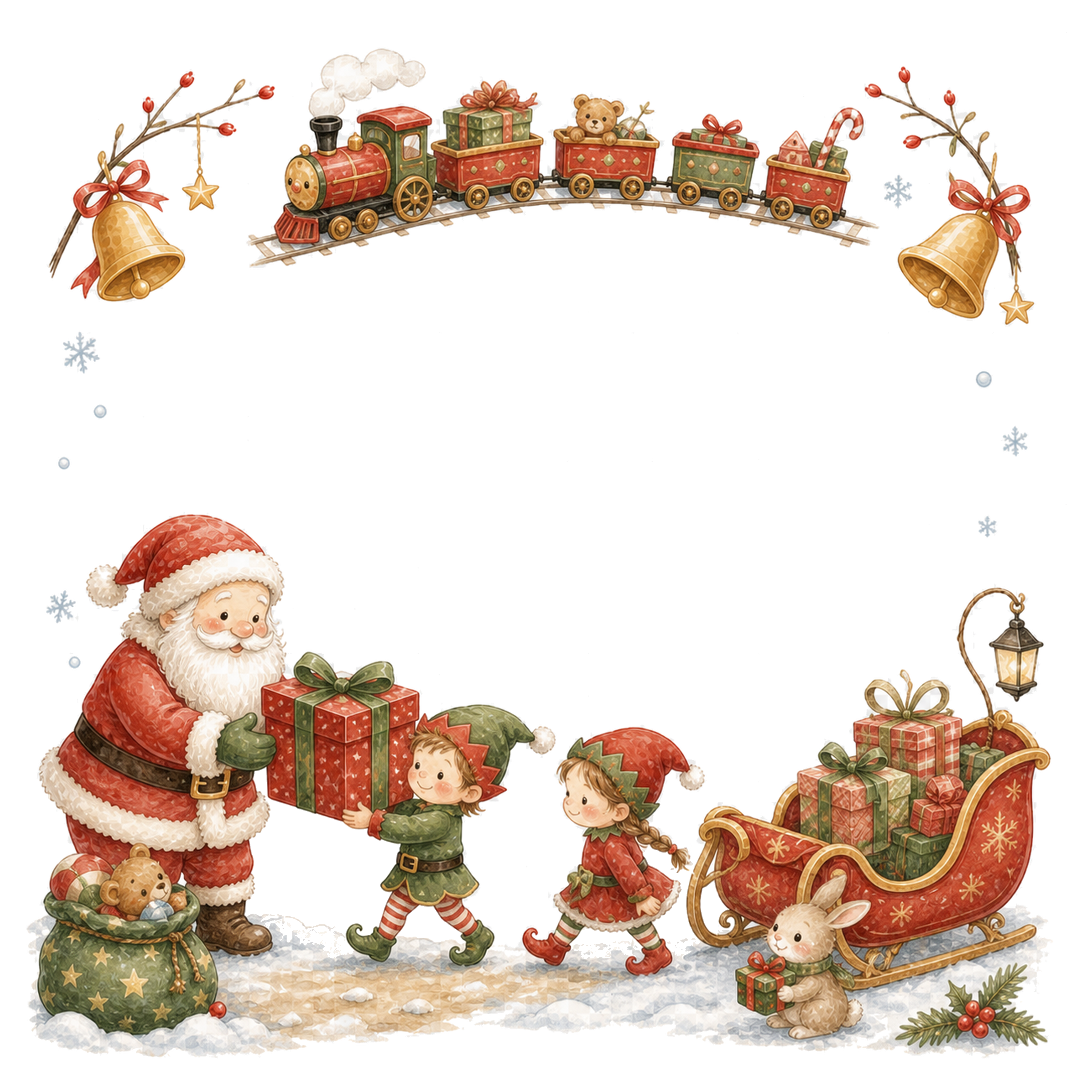 サンタクロースのおもちゃ工房クリスマスフレーム｜無料イラスト素材95634に写真・文字を入れる