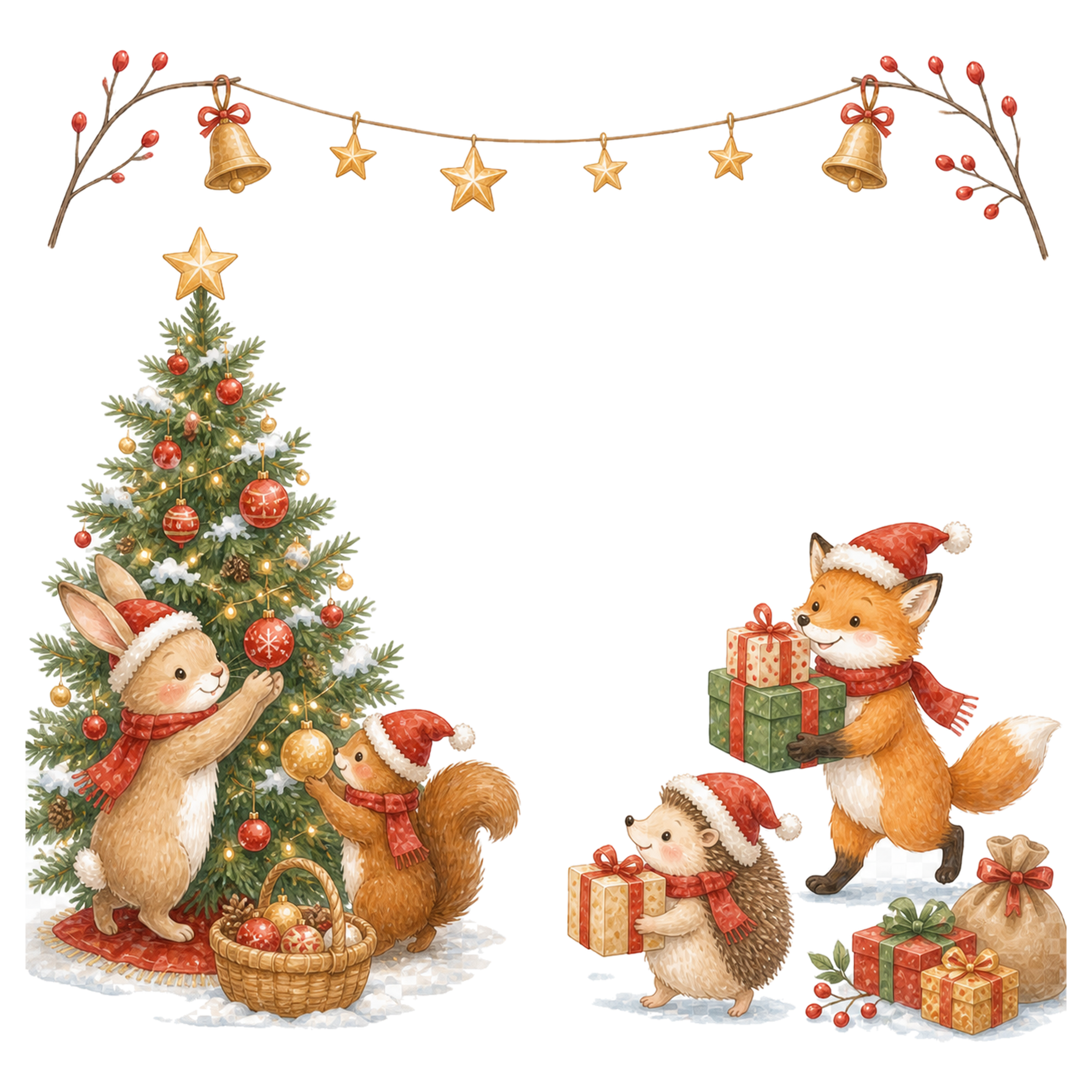 森の動物とクリスマスツリーの絵本フレーム｜無料イラスト素材95636に写真・文字を入れる