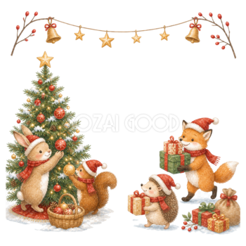 森の動物とクリスマスツリーの絵本フレーム｜無料イラスト素材95636