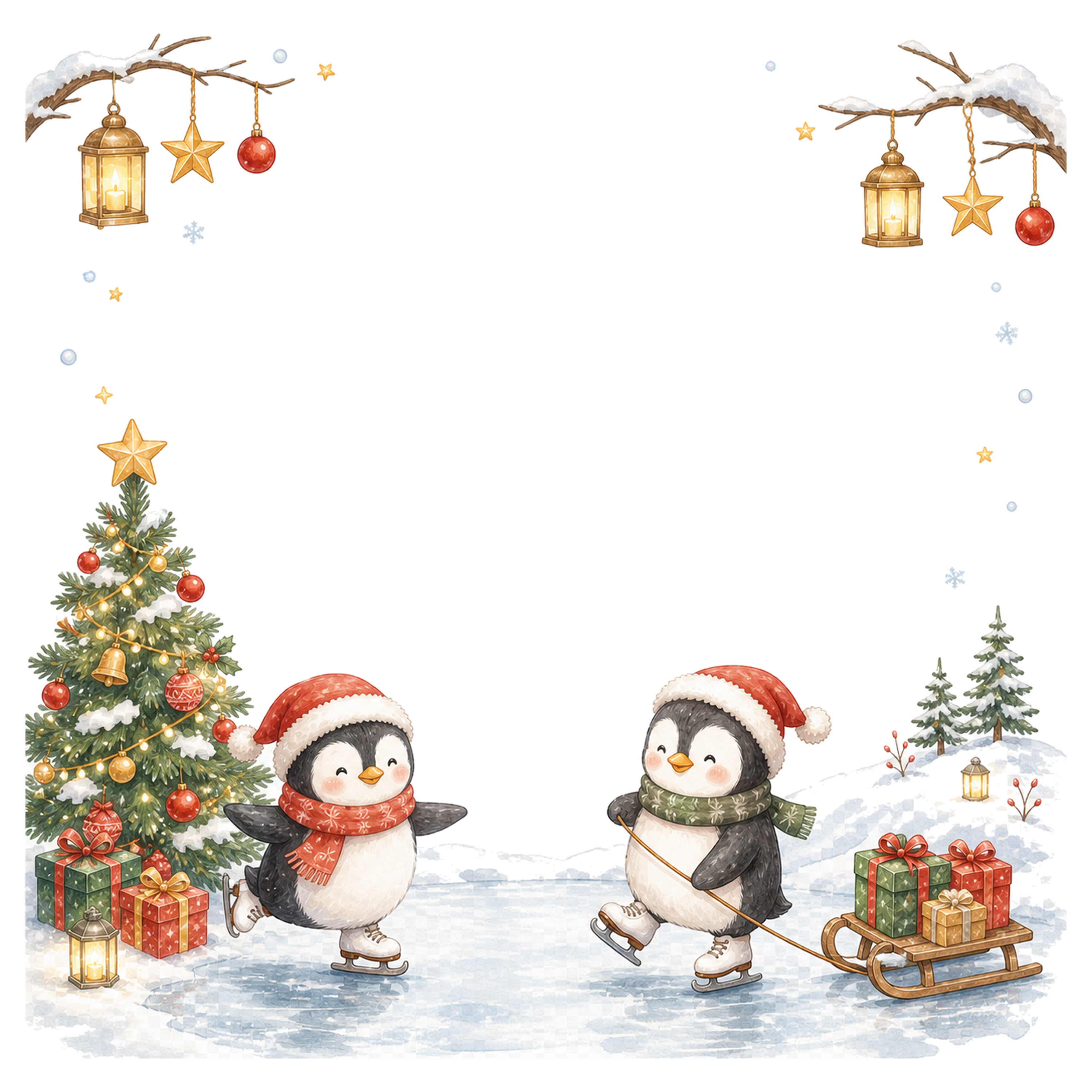 スケートを楽しむペンギンのクリスマスフレーム｜無料イラスト素材95638に写真・文字を入れる
