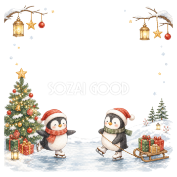 スケートを楽しむペンギンのクリスマスフレーム｜無料イラスト素材95638