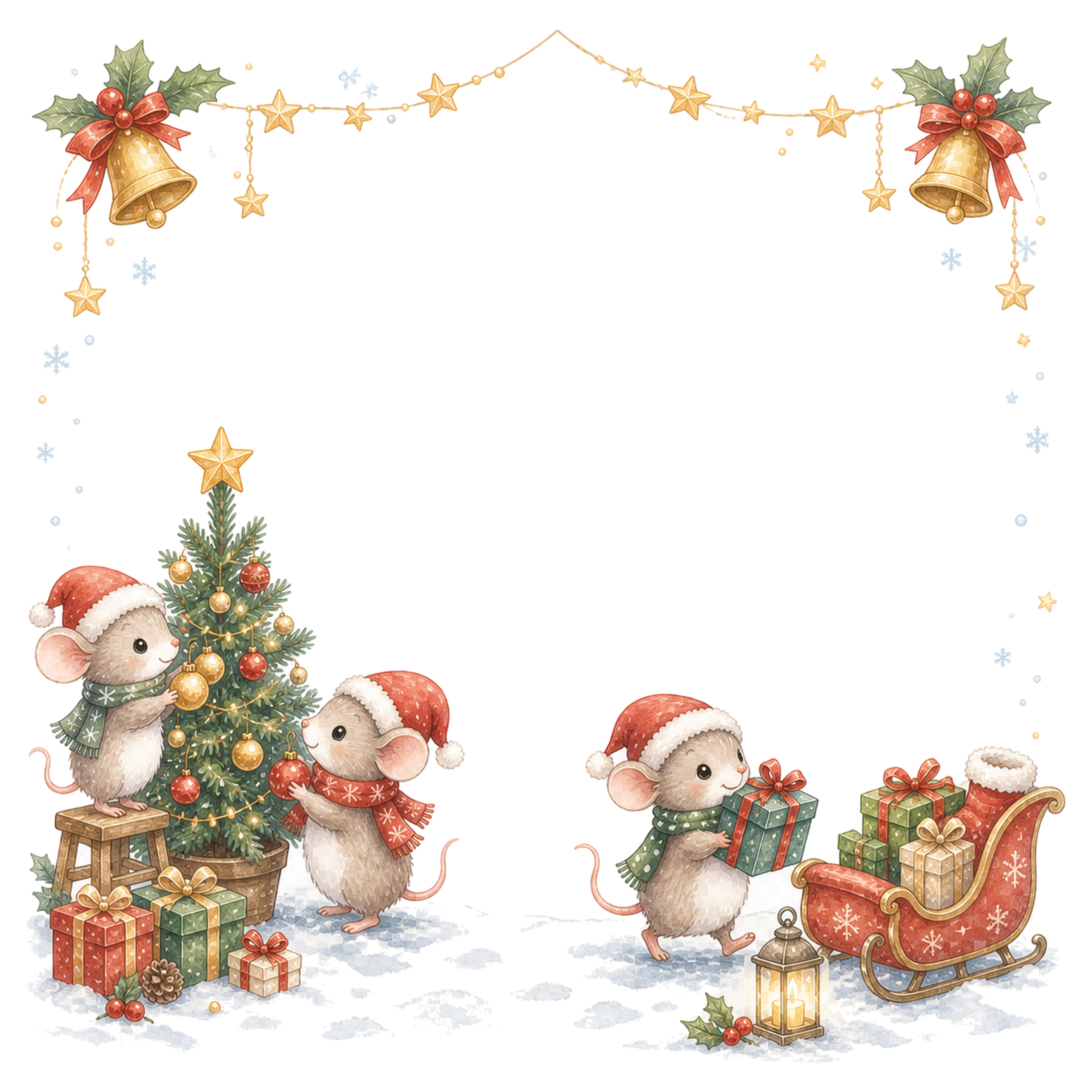 ねずみの家族と小さなクリスマスツリーのフレーム｜無料イラスト素材95641に写真・文字を入れる