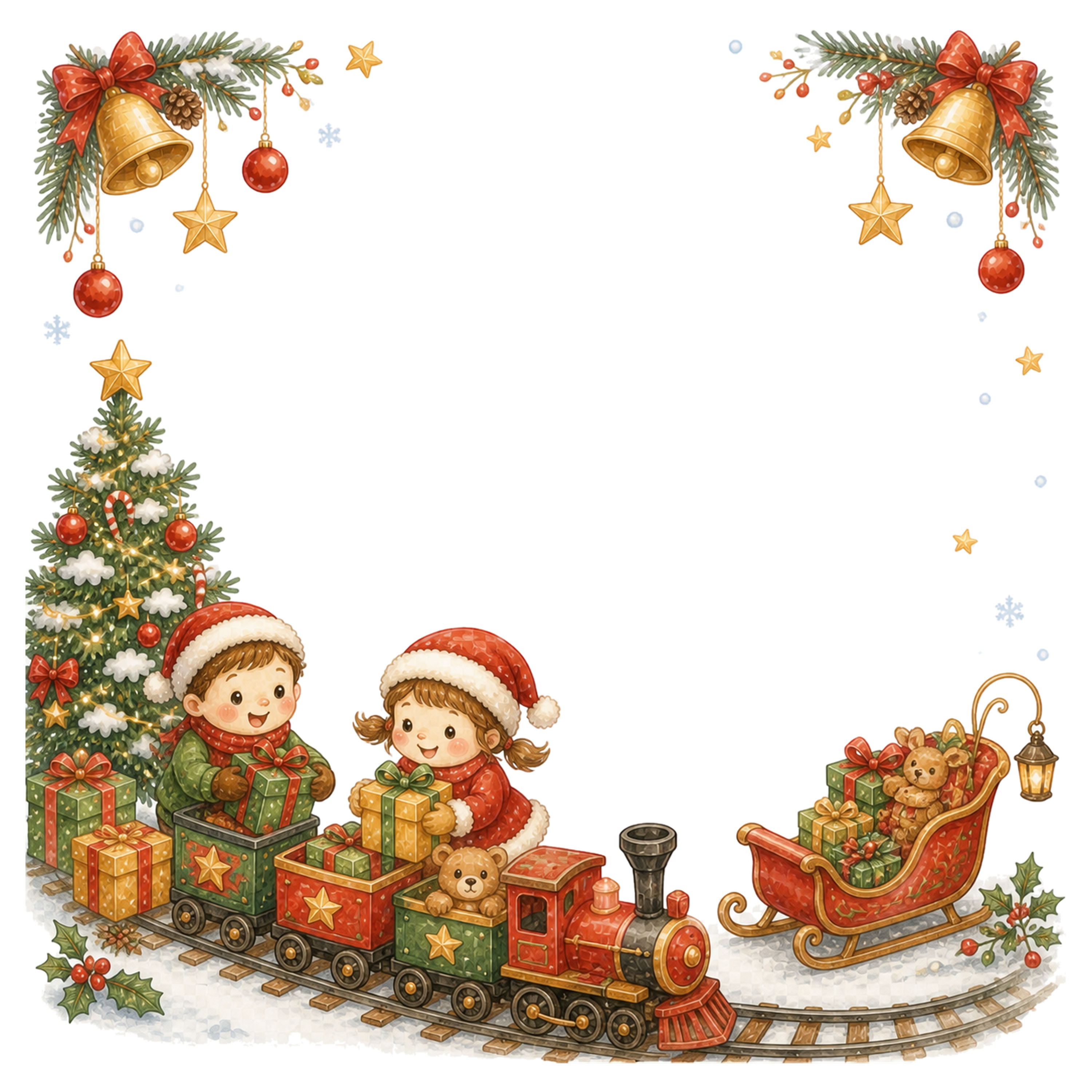 子どもとおもちゃの汽車のクリスマスフレーム｜無料イラスト素材95643に写真・文字を入れる