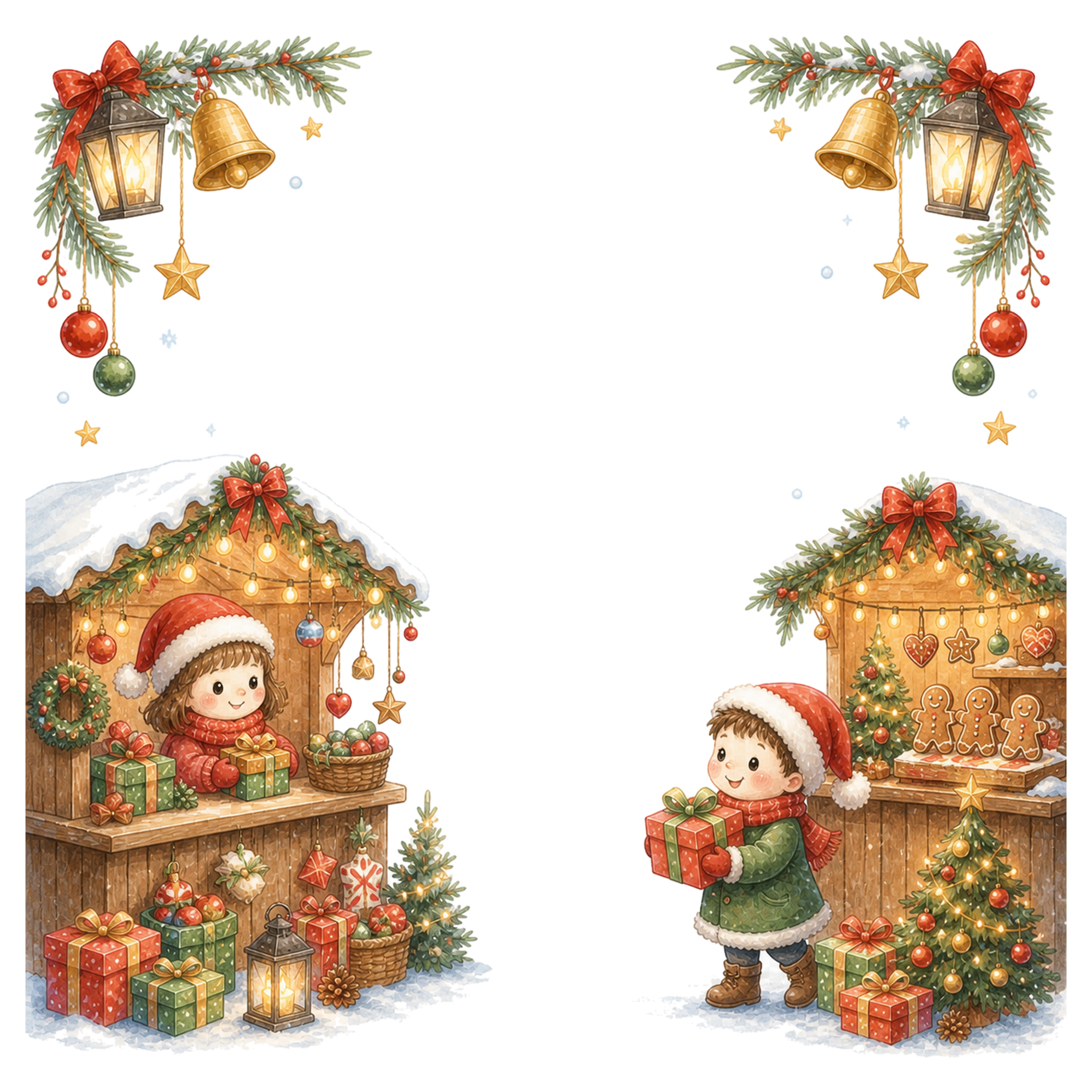 子どもが楽しむクリスマスマーケットのフレーム｜無料イラスト素材95645に写真・文字を入れる