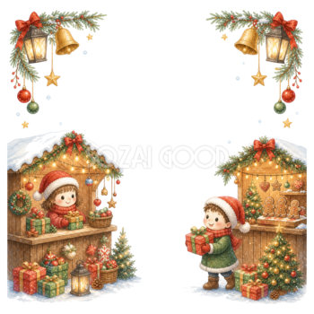 子どもが楽しむクリスマスマーケットのフレーム｜無料イラスト素材95645
