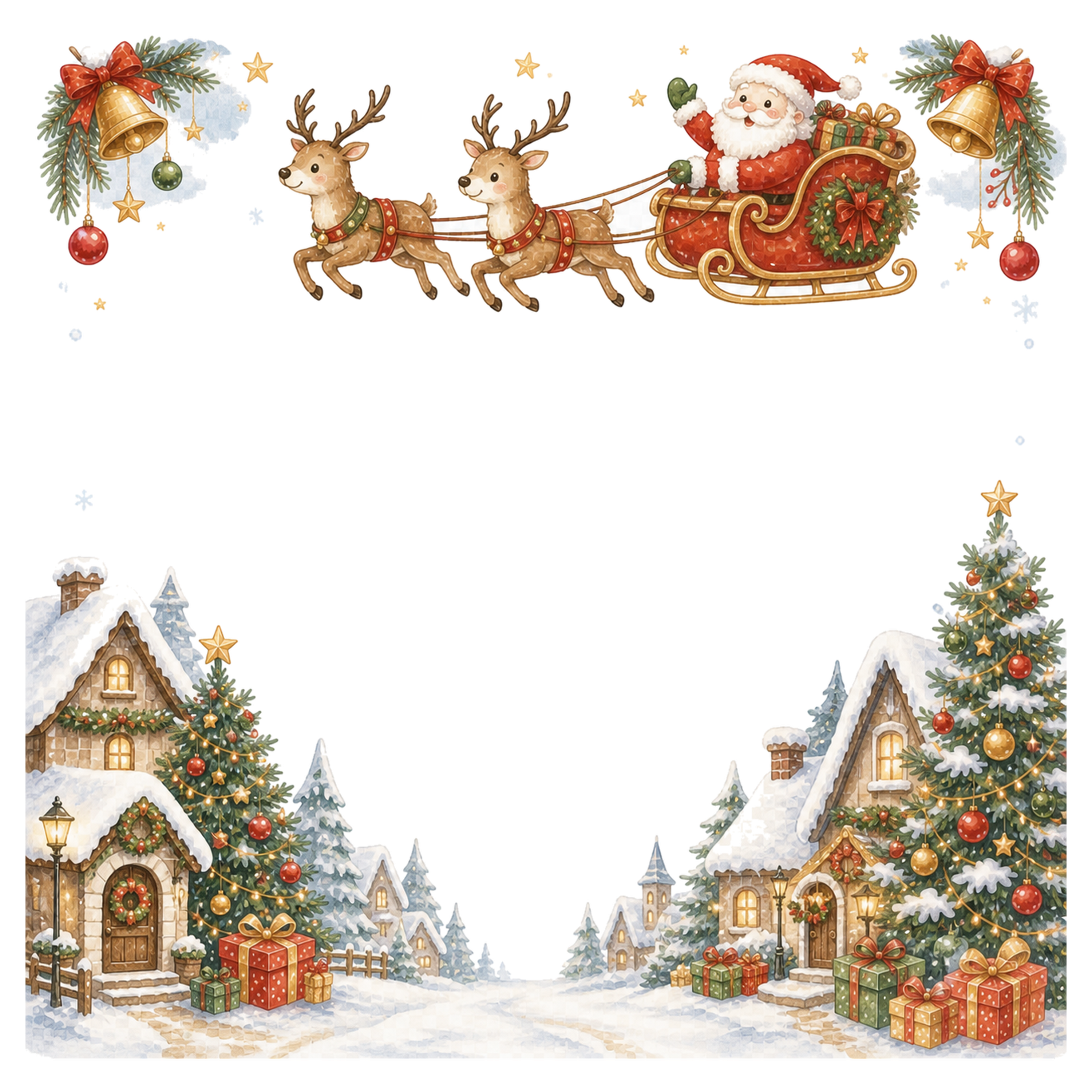 雪の村とサンタのそりのクリスマスイブフレーム｜無料イラスト素材95646に写真・文字を入れる