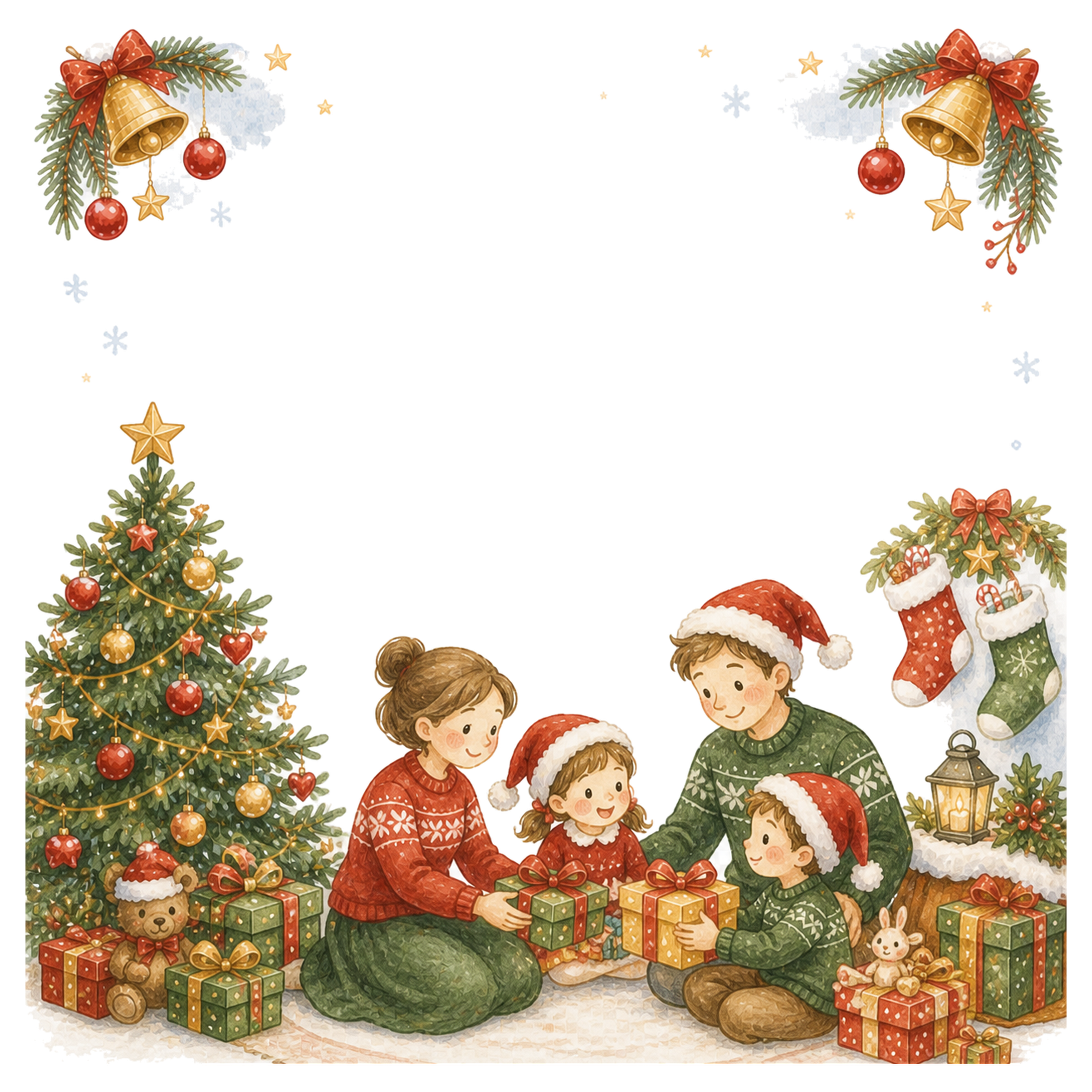 家族でプレゼントを贈るクリスマスの朝フレーム｜無料イラスト素材95648に写真・文字を入れる