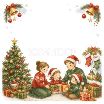 家族でプレゼントを贈るクリスマスの朝フレーム｜無料イラスト素材95648