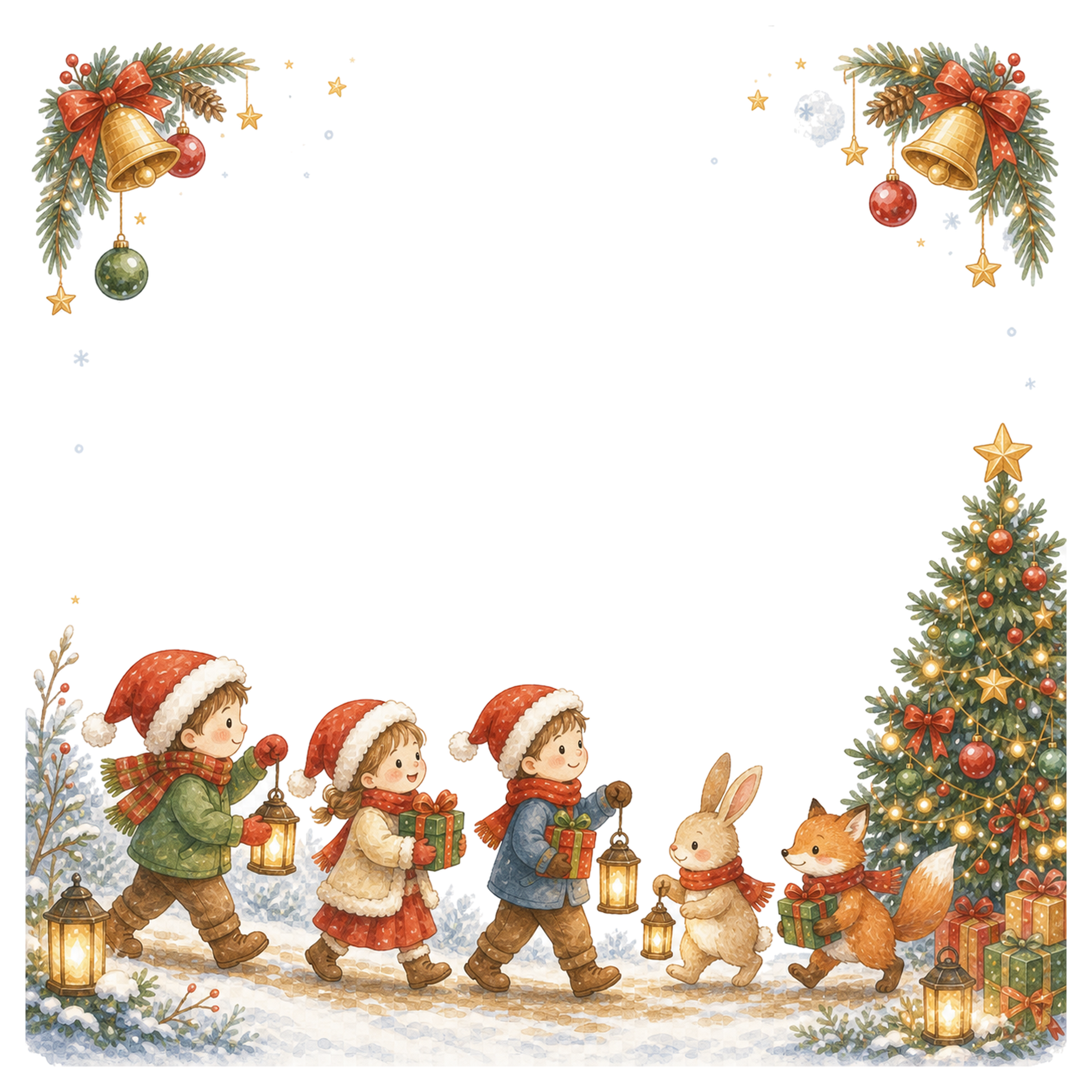 ランタンを持って歩く子どものクリスマスフレーム｜無料イラスト素材95650に写真・文字を入れる