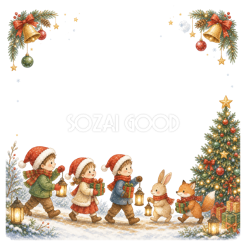 ランタンを持って歩く子どものクリスマスフレーム｜無料イラスト素材95650