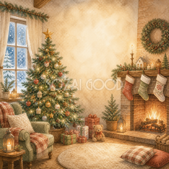 暖炉とツリーがあるクリスマスの部屋の背景イラスト｜無料素材95653