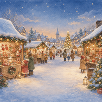 夕暮れのクリスマスマーケット背景イラスト｜無料素材95655