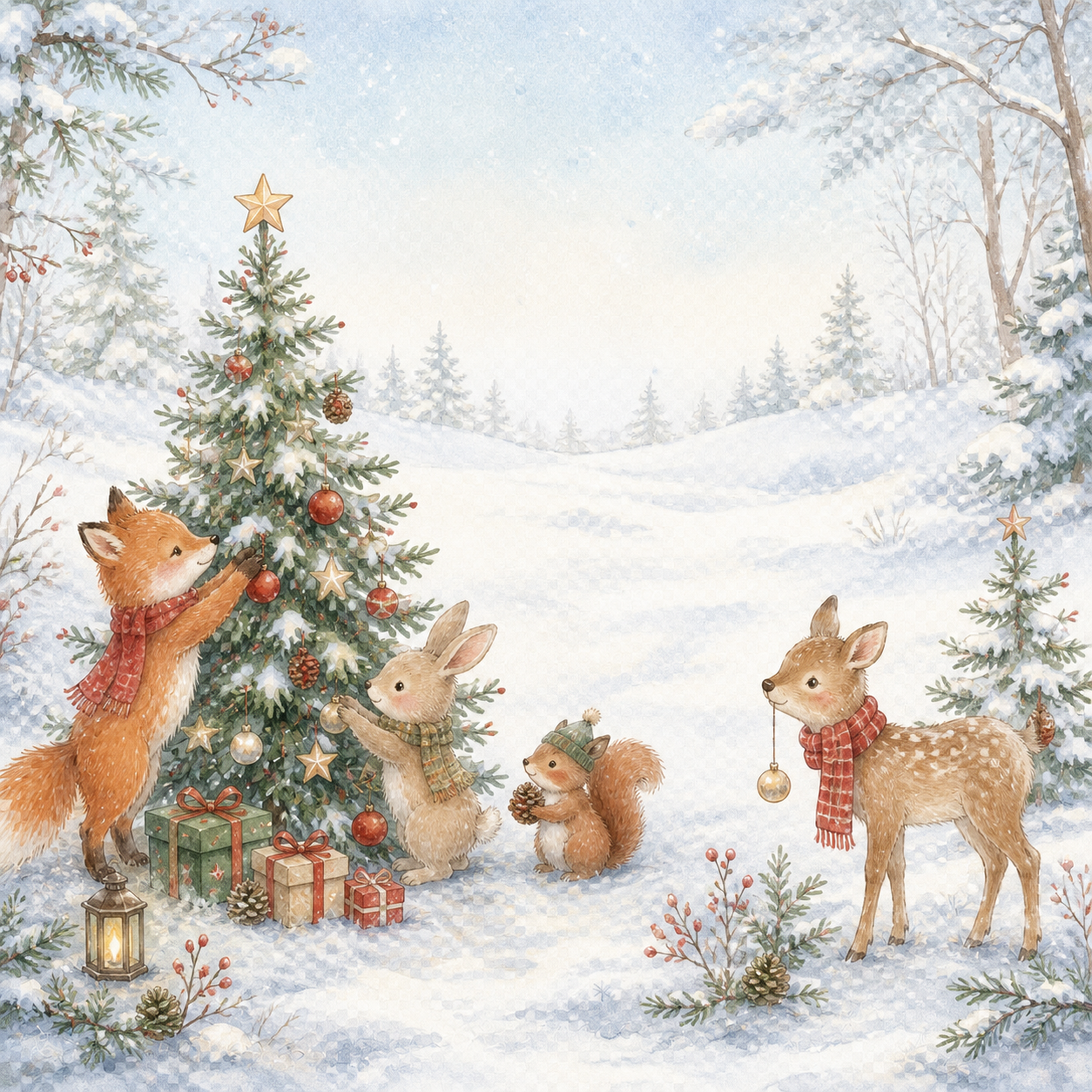 森の動物とクリスマスツリーの背景イラスト｜無料素材95656に写真・文字を入れる