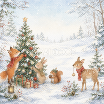 森の動物とクリスマスツリーの背景イラスト｜無料素材95656