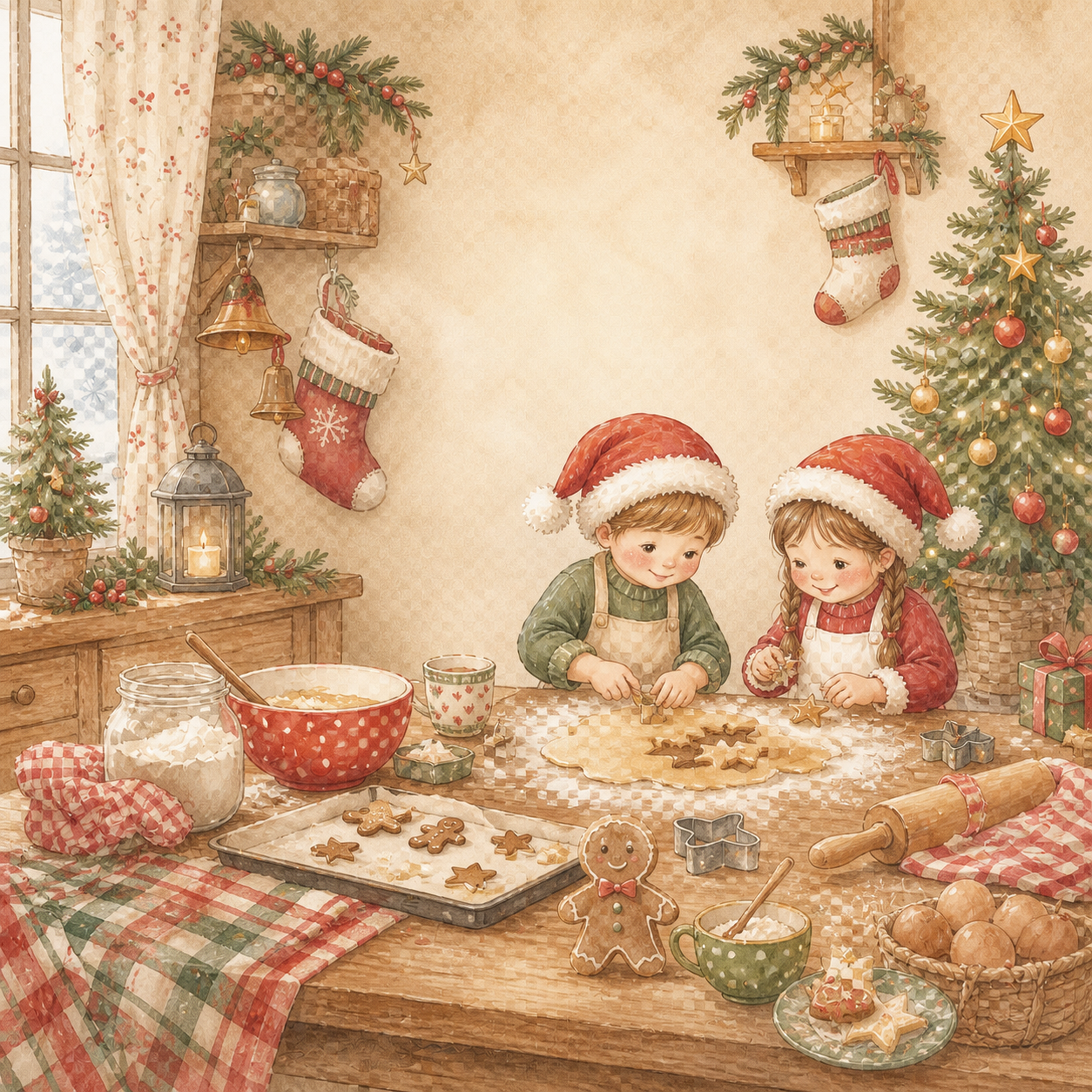 クリスマスクッキーを作る子どもの台所背景イラスト｜無料素材95659に写真・文字を入れる