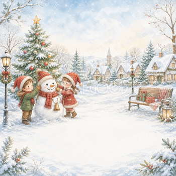 雪だるまを作る子どもたちのクリスマス背景イラスト｜無料素材95660