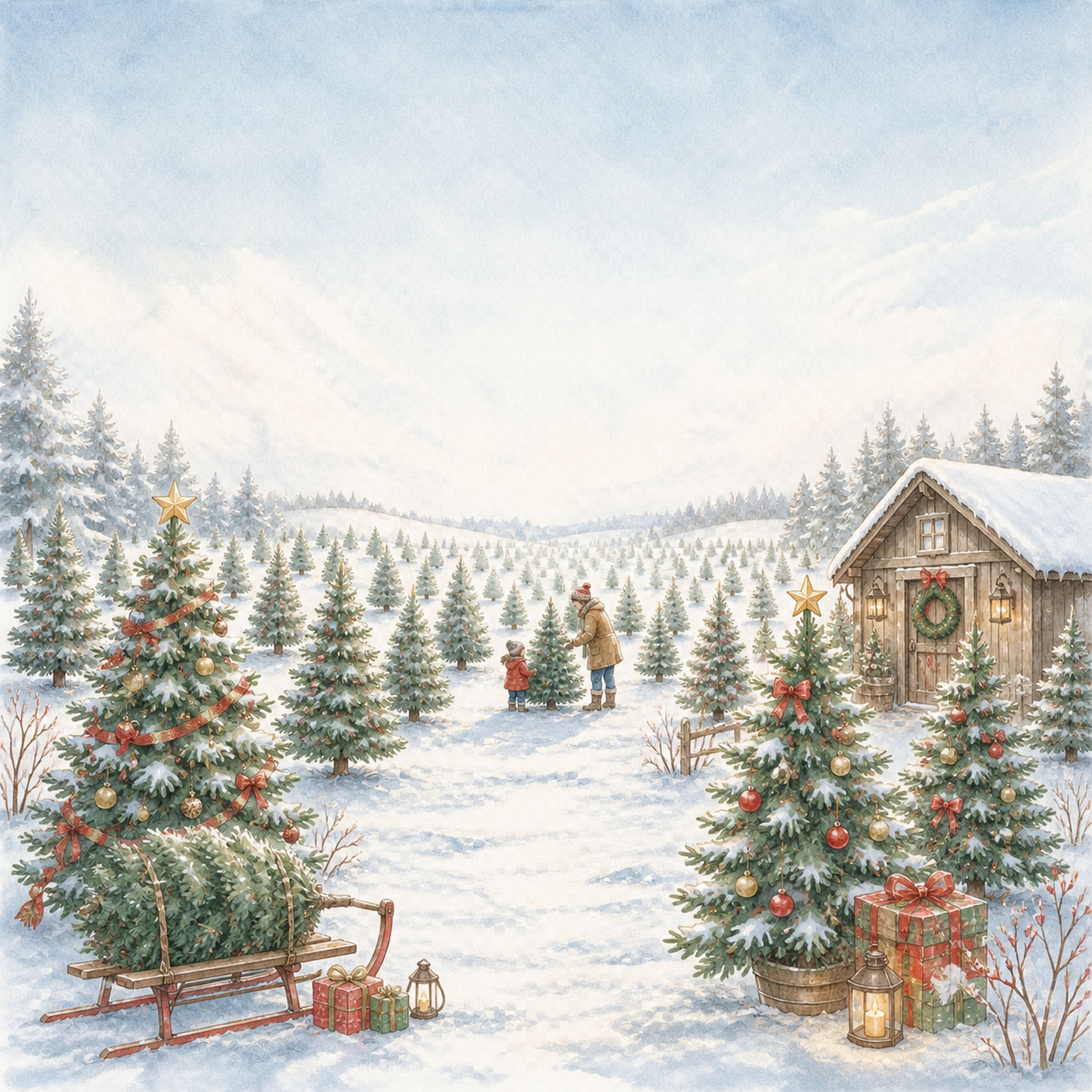 雪のクリスマスツリー農園の背景イラスト｜無料素材95662に写真・文字を入れる