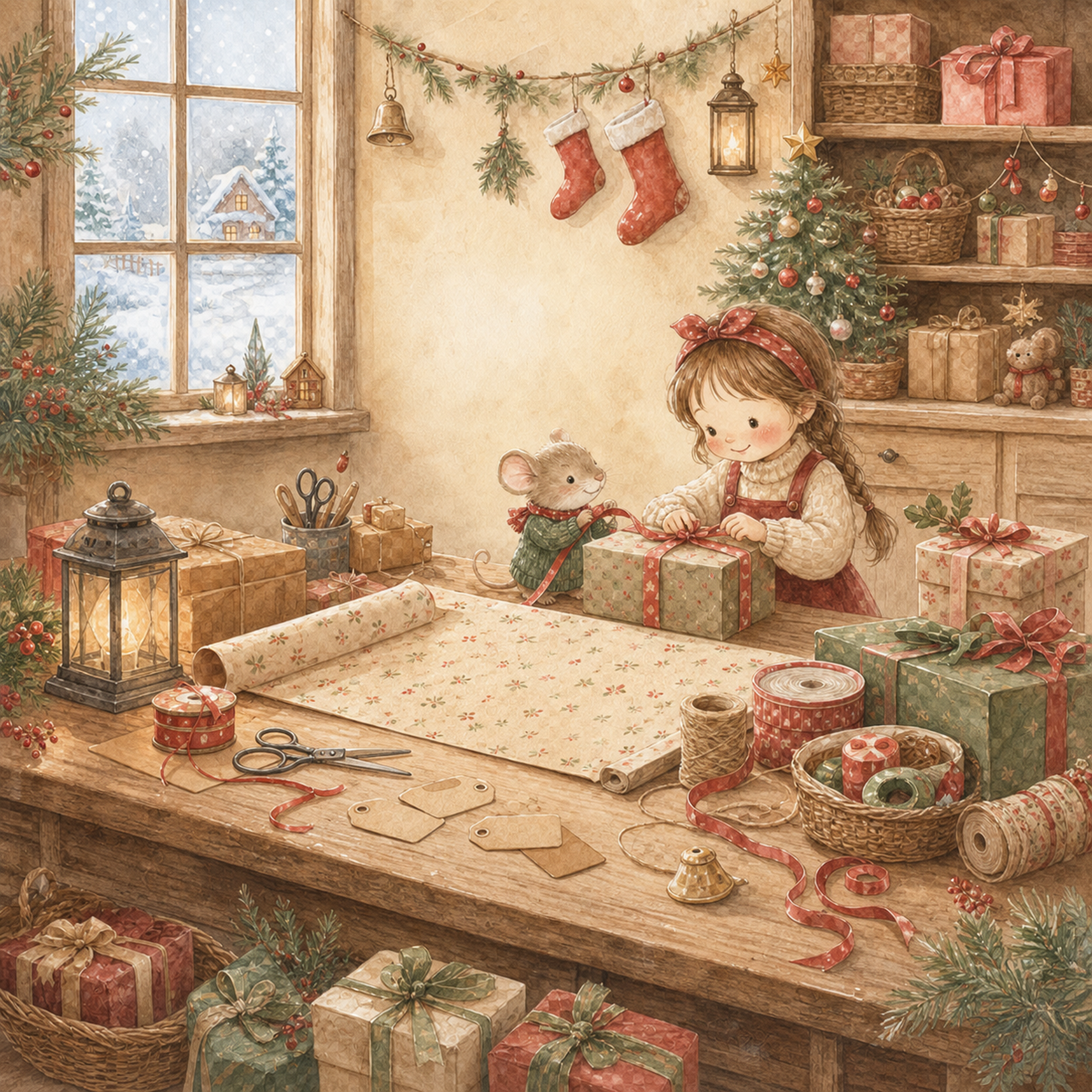 クリスマスプレゼントを包む部屋の背景イラスト｜無料素材95663に写真・文字を入れる